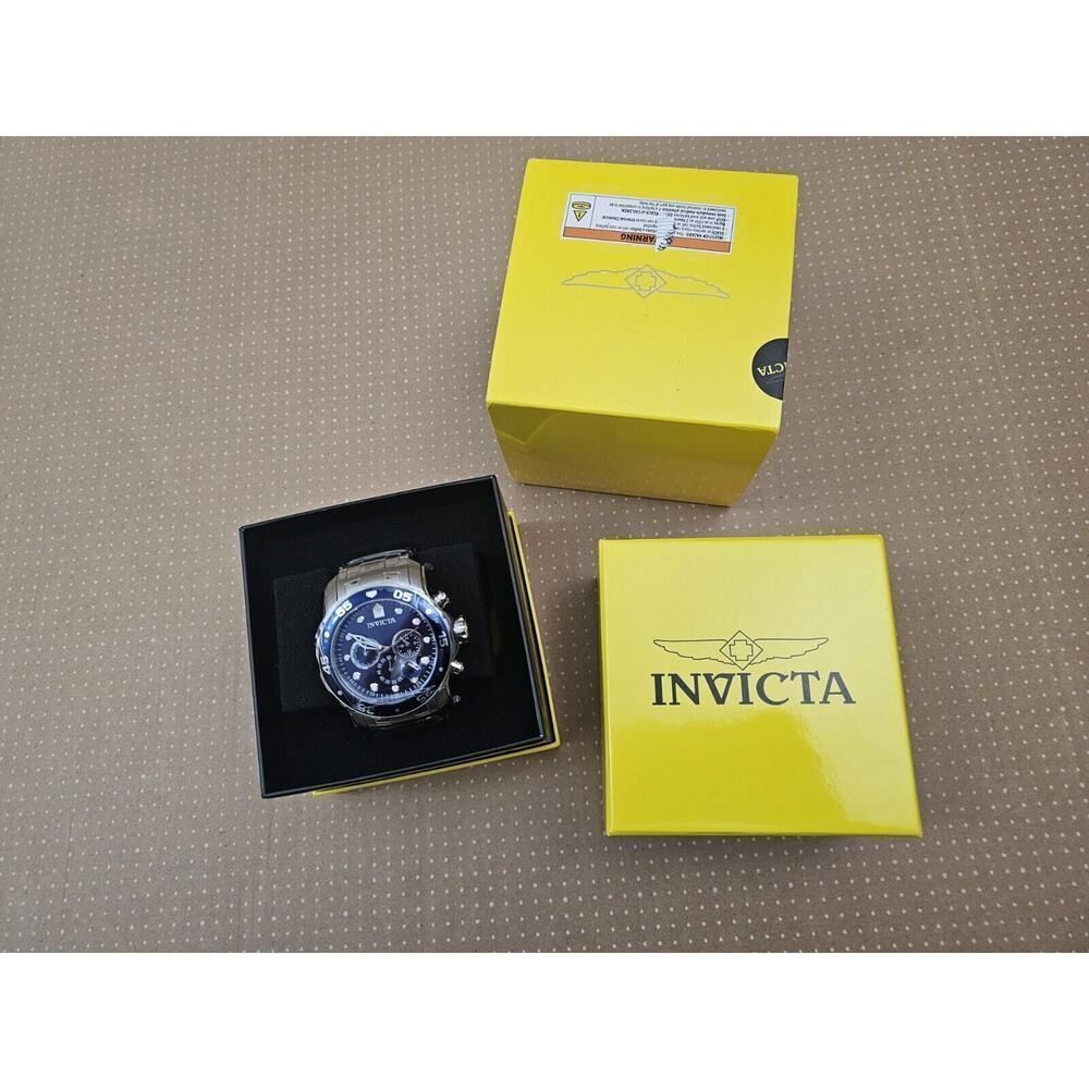 Invicta Men's Silver Case Blue Dial Chronograph Watch with Yellow Box